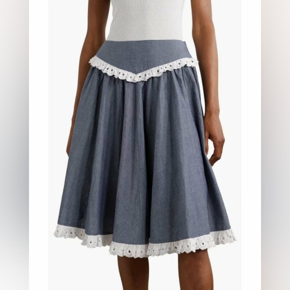 Batsheva Broderie anglaise-trimmed gathered cotton-chambray skirt size 10 - Picture 1 of 10